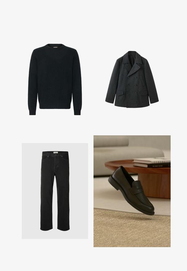 Abrigo tipo peacoat de lana gris oscuro con diseño de doble botonadura, solapas anchas, dos bolsillos frontales y acabado texturizado.; Suéter negro de cuello redondo hecho de un suave material de punto. Manga larga, puños y dobladillo acanalados, con una textura suave y un diseño minimalista.; Los jeans rectos de mezclilla negra presentan un diseño clásico de cinco bolsillos con cierre de botón, costuras mínimas y una textura suave.; Zapato mocasín de cuero negro mostrado en el aire sobre una alfombra beige tejida, con una mesa de madera y libros apilados en una sala de estar con luz suave.