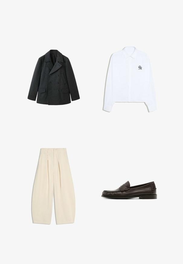 Donkergrijs wollen peacoat met een dubbelgeknoopt ontwerp, brede revers, twee voorzakken en een gestructureerde afwerking.; Witte overhemd met lange mouwen en knopen, met een spitse kraag en donkere cursieve initialen "GM" op de linkerborst.; Crèmekleurige broek met wijde pijpen, hoge taille en voorplooien, plat liggend op een witte achtergrond.; Bruine leren instappers met een gladde textuur, voorzien van decoratieve stiksels, een lage hak en een rond te ontwerp.