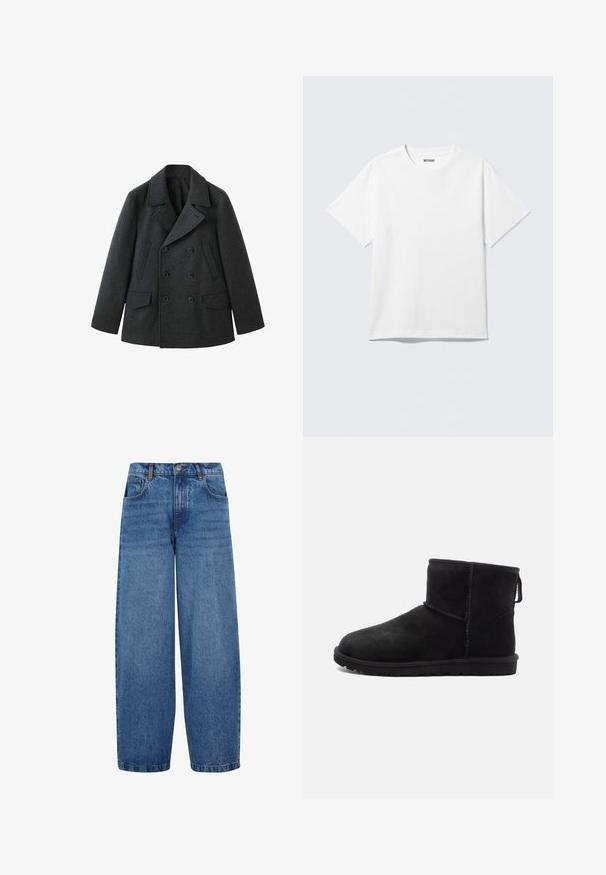 Donkergrijs wollen peacoat met een dubbelgeknoopt ontwerp, brede revers, twee voorzakken en een gestructureerde afwerking.; Witte T-shirt met korte mouwen en ronde hals, plat gelegd, effen ontwerp, met een "WEEKDAY" label in de kraag op een lichte achtergrond.; Wijdvallende jeans in middelblauwe denim. Beschikt over een hoge taille, klassiek vijf-pocketontwerp en subtiele vervaging langs de benen. Standaard zoom.; Zwarte suède enkellaarsjes met ronde neus, minimale stikdetails, een lusje om aan te trekken en een gestructureerde rubberen zool. Ontworpen voor warmte en comfort.