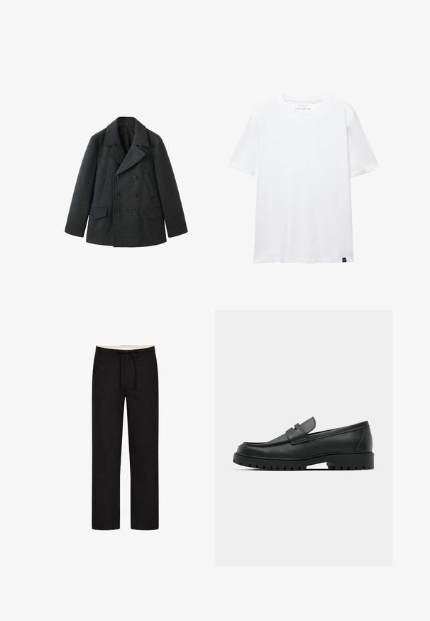 Donkergrijs wollen peacoat met een dubbelgeknoopt ontwerp, brede revers, twee voorzakken en een gestructureerde afwerking.; Witte T-shirt met korte mouwen, regular fit, ronde hals en klein zwart stoffen label aan de onderzoom.; Zwarte rechte broek met een elastische tailleband, aantrekkoord en een bescheiden ontwerp. Zachte stoftextuur. Geen zichtbare patronen of accenten.; Zwarte leren instappers met een ronde neus, voorzien van een gestikt ontwerp, een lage platformzool en een gestructureerde, grof rubberen buitenzool.