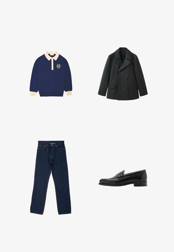 Abrigo tipo peacoat de lana gris oscuro con diseño de doble botonadura, solapas anchas, dos bolsillos frontales y acabado texturizado.; Camisa polo de manga larga en color azul marino con collarete y puños en color beige, que presenta un emblema redondo con texto en el lado izquierdo del pecho.; Vaqueros de mezclilla azul oscuro con un diseño de pierna recta, costuras visibles en naranja contrastante, cinco bolsillos y un cierre de botón estándar.; Mocasines de cuero negro con un diseño elegante, textura suave, costuras prominentes y un tacón bajo de bloque. Sin herrajes ni adornos visibles.