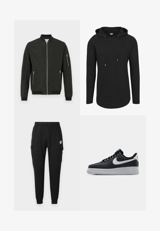 Chaqueta bomber negra con cremallera frontal, dos bolsillos laterales con cremallera, bolsillo con cremallera en la manga izquierda, y cuellos, puños y dobladillo acanalados.; Sudadera negra con capucha, de manga larga, textura acanalada, cordones en el cuello y dobladillo curvado. Diseño clásico y minimalista.; Pantalones cargo negros fabricados en un tejido suave, con una cinturilla elástica, bolsillos laterales y un logo discreto en el muslo. Diseño de corte recto.; Zapatilla negra de cuero con superficie texturizada, logo de Nike en blanco, suela gris, puntera redonda y diseño de encaje. Presenta perforaciones en la puntera.