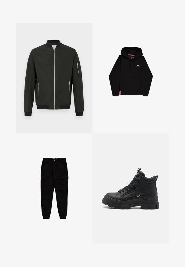 Zwarte bomberjack met een ritssluiting aan de voorkant, twee zijzakken met rits, een ritszak op de linker mouw, ribgebreide kraag, manchetten en onderkant.; Zwarte hoodie van gemengde katoenstof, met een voorzak, een capuchon met trekkoord, ribgebreide manchetten en zoom. Klein logo gedrukt op de borst.; Zwarte cargobroek van katoen, met twee vozakken en twee zijcargozakken, voorzien van elastische boorden en een elastische tailleband.; Zwarte hoge schoenen van gestructureerd leer, met een dikke rubberen zool, vetersluiting aan de voorkant en een klein logo detail aan de zijkant.
