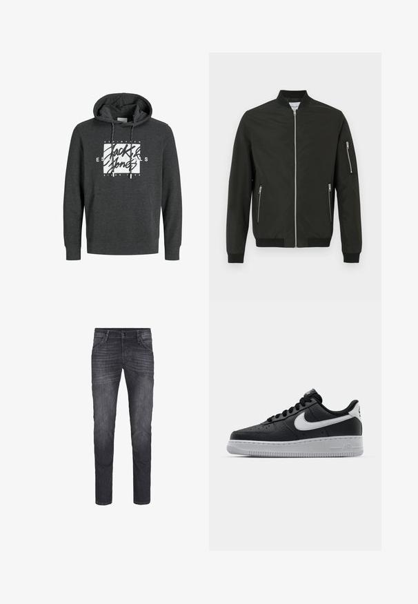 Schwarze Bomberjacke mit Frontreißverschluss, zwei seitlichen Reißverschlusstaschen, einer Reißverschlusstasche am linken Ärmel sowie geripptem Kragen, Bündchen und Saum.; Dunkelgrauer Hoodie aus weichem Material, mit einer Fronttasche, Kapuze mit Kordelzug und einem großen weißen Grafiklogo auf der Brust.; Dunkelgraue Denim-Jeans im Slim-Fit mit fünf Taschen, einem vorderen Knopfverschluss und dezenten Used-Look-Details.; Schwarze Ledersneaker mit strukturierten Oberflächen, weißem Nike-Swoosh, grauer Sohle, runder Zehenpartie und Schnürdesign. Verfügt über Perforationen an der Zehenbox.