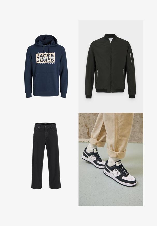 Schwarze Bomberjacke mit Frontreißverschluss, zwei seitlichen Reißverschlusstaschen, einer Reißverschlusstasche am linken Ärmel sowie geripptem Kragen, Bündchen und Saum.; Marineblaue Kapuzenjacke aus Baumwollmischung, mit einer vorderen Kängurutasche, einem Kordelzug an der Kapuze und einem bedruckten Logo auf der Brust.; Schwarze gerade geschnittene Jeans aus Denim mit Knopf- und Reißverschluss, Gürtelschlaufen sowie Vorder- und Gesäßtaschen.; Schwarz-weiße Nike Air Force 1 Sneaker mit einem Obermaterial aus Leder, perforierter Zehenpartie und strukturiertem Sohlendesign, getragen mit aufgerollten beigen Hosen und weißen Socken.