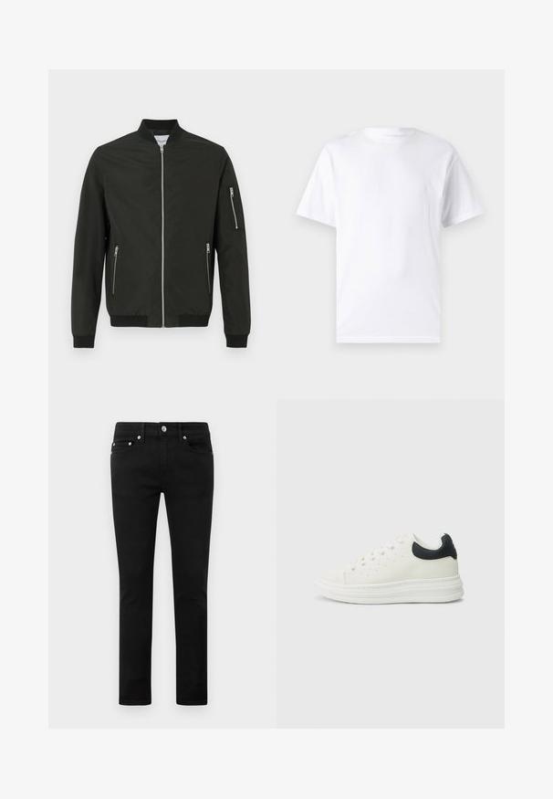 Zwarte bomberjack met een ritssluiting aan de voorkant, twee zijzakken met rits, een ritszak op de linker mouw, ribgebreide kraag, manchetten en onderkant.; Witte T-shirt met korte mouwen, gemaakt van katoen, met een ronde hals. Het heeft een gladde textuur en een eenvoudig ontwerp zonder patronen of accenten.; Zwarte slim-fit jeans met vijf zakken, metalen knoop en riemlussen, plat getoond tegen een witte achtergrond.; Witte leren sneaker met een zwarte hielaccent, ronde neus, platte witte zool en vetersluiting. Minimale perforaties aan de zijkanten.