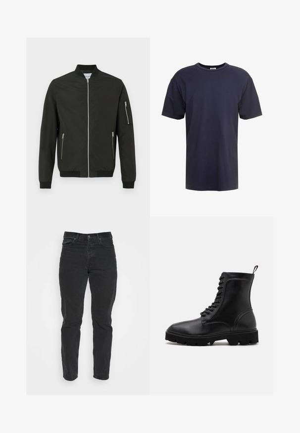 Sort bomberjakke med frontlynlås, to sidelommer med lynlås, lynlås lomme på venstre ærme, ribbet krave, manchetter og kant.; Marineblå bomulds T-shirt med rund hals, korte ærmer og en afslappet pasform uden synlige mønstre eller hardware.; Sorte denimjeans med lige pasform, fem lommer, frontlukning med knap og kontrastsyninger. Glat tekstur med let slid synligt.; Sorte læder snørebåndsstøvler med rund tå, struktureret overflade, robust gummisål og en pull-tab bagpå for nem påtagning.