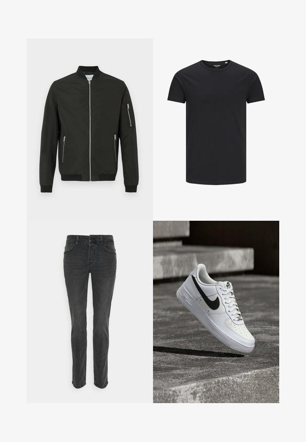 Sort bomberjakke med frontlynlås, to sidelommer med lynlås, lynlås lomme på venstre ærme, ribbet krave, manchetter og kant.; Sort bomulds T-shirt med rund hals, korte ærmer og et enkelt design. Glat tekstur, ingen mønstre eller synligt tilbehør.; Sorte denim jeans med lige ben, fem lommer og diskret syning på sømmene. Stoffet har en glat, let tekstureret overflade.; Hvid Nike Air Force 1-sneaker med sort swoosh, snørebånd bundet, placeret i luften over tekstureret betonoverflade udendørs.
