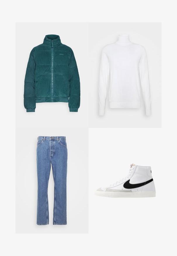 BDG Urban Outfitters PUFFER - Winterjas - grey; Witte coltrui met lange mouwen, gemaakt van een zachte stof. Heeft een aansluitend ontwerp en geribde manchetten en zoom. Geen patronen of accenten.; Blauwe denim jeans met een rechte pasvorm, vijf zakken, riemlussen en een knoopsluiting. De stof heeft een zachte, gestructureerde afwerking.; Witte hoge sneakers met een zwarte swoosh, textuur grijze neus en een vlakke witte zool. Kenmerkt zes veteropeningen en gestikte accenten.