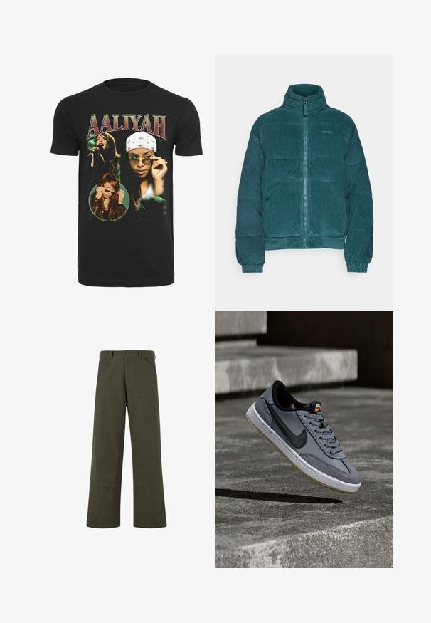 BDG Urban Outfitters PUFFER - Talvitakki - grey; Musta puuvillapaita, jossa on kuvia Aaliyahista, valkoiset ja vihreät graafiset elementit sekä rohkeat punaiset kirjaimet nimen "AALIYAH" vuoksi.; PROHIBITED EAST HAM CARPENTER - Housut - green; Nike-tennari harmaasta nahasta ja mokasta, jossa on musta swoosh-logo, valkoinen keskipohja ja kuvioitu kumipohja kummikorostuksilla.