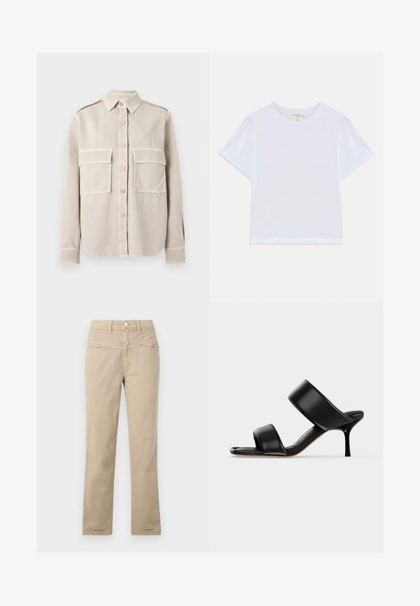 Chemise beige à boutons en tissu doux, avec deux poches poitrine, un col, et des boutons contrastants. Ourlet droit et manches longues.; T-shirt blanc court en coton doux, avec un col rond et des manches courtes, d'ajustement légèrement décontracté. Pas de motifs ni d'accents.; Pantalon beige en coton avec une coupe droite, doté d'une fermeture à bouton sur le devant, de deux poches sur le devant et de détails de couture subtils.; Sandale mule en cuir noir avec deux larges brides et un talon stiletto fin de hauteur moyenne sur un fond clair uni.