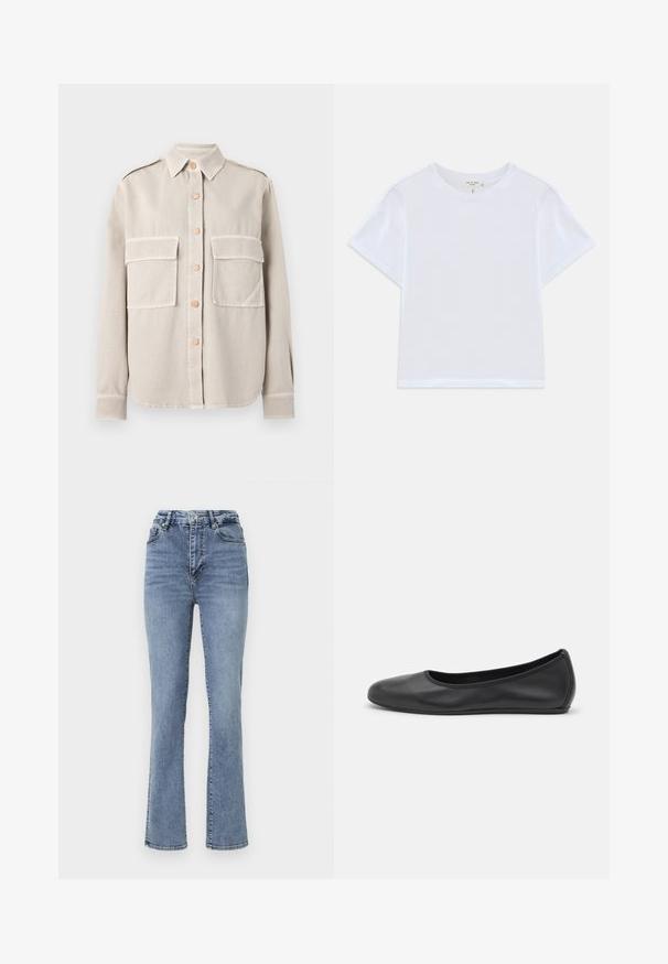 Beige overhemd met knopen, gemaakt van een zachte stof, voorzien van twee borstzakken, een kraag en contrasterende knopen. Rechte zoom en lange mouwen.; Witte cropped t-shirt van zacht katoen, met een ronde hals en korte mouwen in een iets ontspannen pasvorm. Geen patronen of accenten.; Hoge taille blauwe spijkerbroek met een recht pasvorm, voorzien van een klassieke vijf-pocketstijl en subtiele stikselaccenten.; Zwarte leren ballerina met een ronde neus, gladde textuur, minimale stikdetails en een flexibele zoolontwerp.