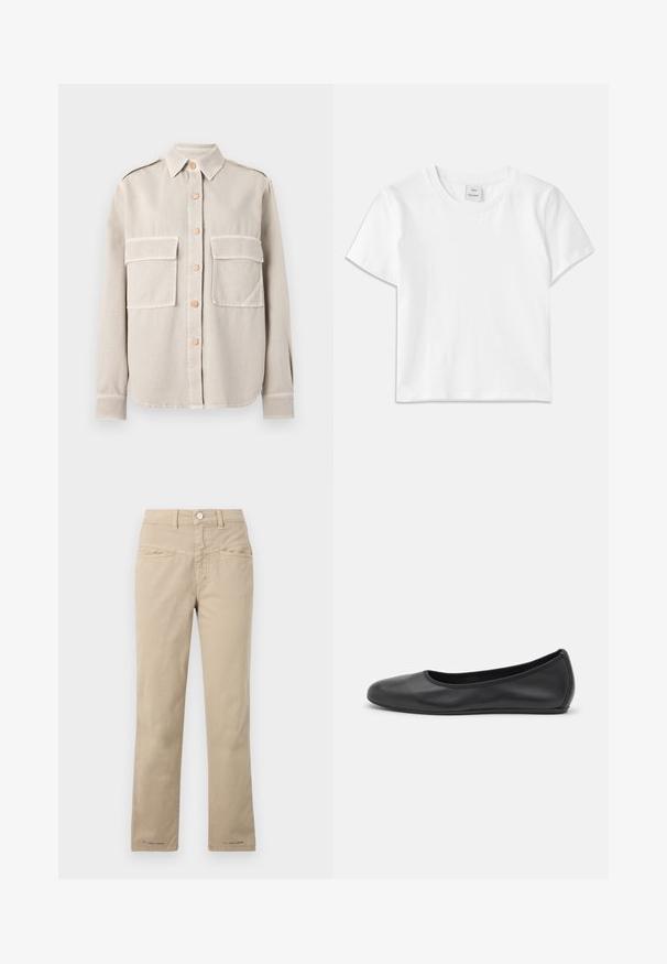 Beige overhemd met knopen, gemaakt van een zachte stof, voorzien van twee borstzakken, een kraag en contrasterende knopen. Rechte zoom en lange mouwen.; Witte katoenen t-shirt met een ronde hals, korte mouwen en een rechte zoom. Label met "Won Hundred" aan de voorkant van de halslijn.; Beige katoenen broek met een rechte pijp, met een knoopsluiting aan de voorkant, twee voortassen en subtiele stikdetails.; Zwarte leren ballerina met een ronde neus, gladde textuur, minimale stikdetails en een flexibele zoolontwerp.