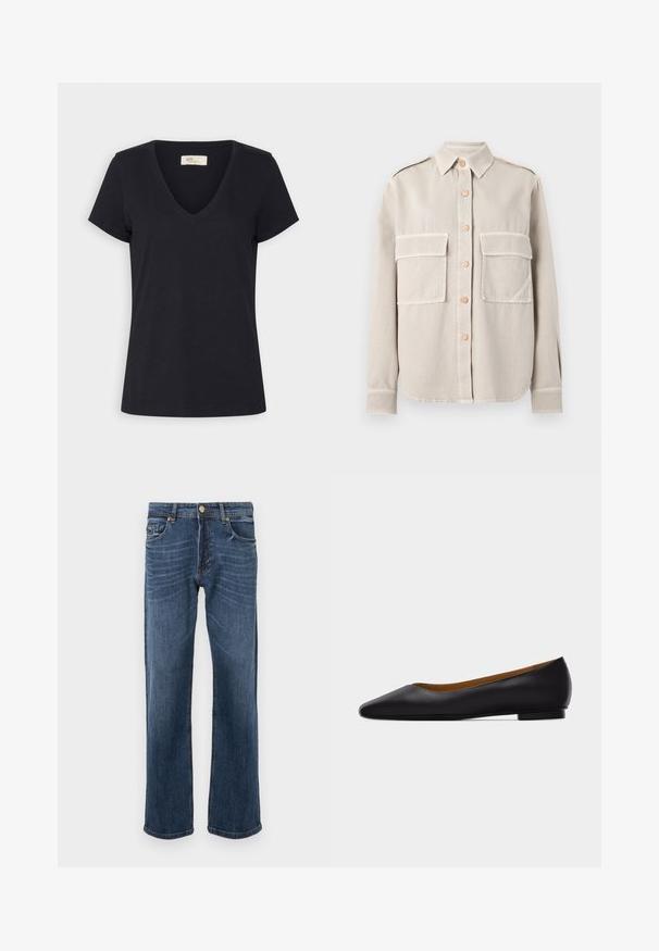 Camisa beige abotonada hecha de una tela suave, con dos bolsillos en el pecho, cuello y botones en contraste. Bajo recto y mangas largas.; Camiseta negra de manga corta con cuello en V, dobladillo recto y una pequeña etiqueta de marca en el interior del cuello.; Jeans de mezclilla azul oscuro con un diseño de pierna recta, que cuentan con cinco bolsillos y cierre de botón metálico. Textura suave con ligeros detalles de desgaste.; Zapato plano de punta puntiaguda de cuero negro con tacón bajo y acabado liso, mostrado de perfil sobre un fondo gris claro.
