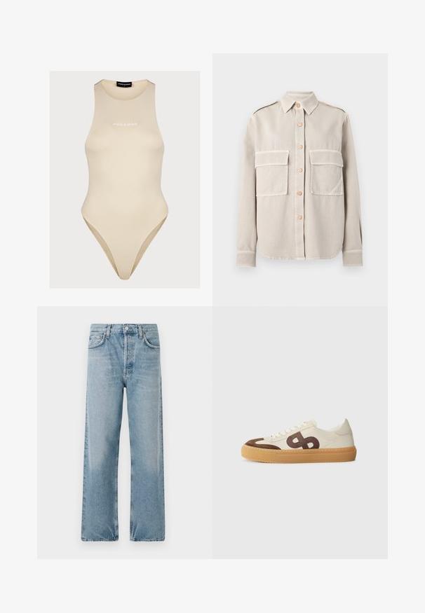Vaaleanbeige nappipaita, joka on valmistettu pehmeästä kankaasta. Siinä on kaksi rintataskua, kaulus ja kontrastiväriset napit. Suora helma ja pitkät hihat.; Beige topattu bodysuit ilman hihoja, jossa on korkea kaulus. Valmistettu sileästä, joustavasta kankaasta. Edessä valkoinen "PEGADOR"-logo. Korkeat lahkeet.; Vaaleansiniset farkut korkealla vyötäröllä, leveällä lahkeella ja viiden taskun muotoilulla. Sisältää napin, ja niissä on hieno haalistuminen.; Tennarit, joissa on kerma valkoinen kangaspinta, ruskeat mokka-yksityiskohdat, suuri tyylitelty logo ja beige kumipohja, jossa on teksturoitu pito.