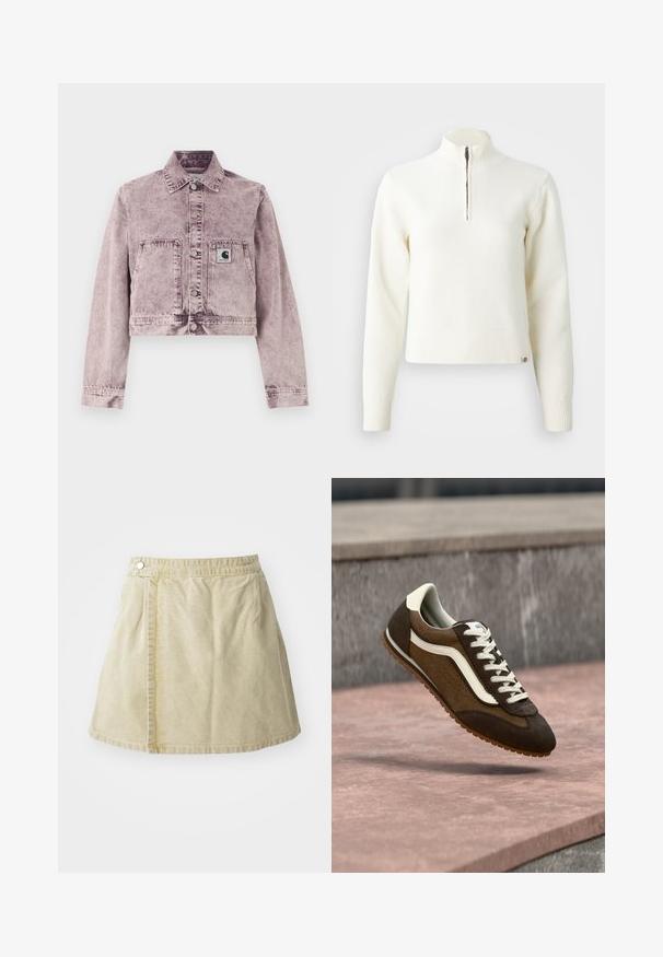 Hellviolette Denimjacke im Acid-Wash-Stil mit langen Ärmeln, Druckknöpfen vorne, zwei Fronttaschen und einem kleinen Carhartt-Logo-Patch auf der linken Tasche.; Weißer Sweater mit Reißverschluss am Hals und langen Ärmeln. Aus weichem Strickmaterial gefertigt, mit gerippten Bündchen und Saum. Dezentes Markenlogo am Saum.; Khakifarbener Minirock aus weichem Stoff, mit seitlichem Knopfverschluss, glatter Textur und leicht ausgestellter Silhouette mit einem Saum oberhalb des Knies.; Brauner und dunkelbrauner Wildledersneaker mit weißen Streifen und Schnürsenkeln, schwebend über einer rosa Steinoberfläche und vor grauem Hintergrund.