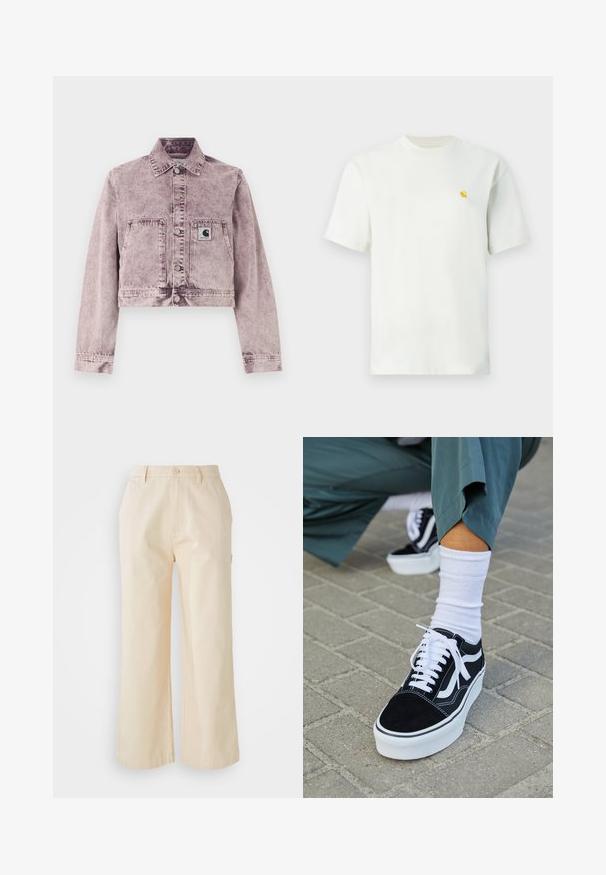 Svetlofialová acid-wash rifľová bunda s dlhými rukávmi, prednými patentkami, dvoma prednými vreckami a malou nášivkou s logom Carhartt na ľavom vrecku.; Biele tričko s krátkym rukávom a okrúhlym výstrihom s malým žltým logom na ľavej strane hrudníka, zobrazené na jednoduchom pozadí.; Svetlosivé široké nohavice vyrobené z bavlny s hladkou textúrou, s predným zapínaním na gombík a bočnými vreckami.; Čierne semišové tenisky s bielymi akcentmi a šnúrkami, s hrubou bielou podrážkou a kontrastným prešívaním, doplnené o bielu ponožku.