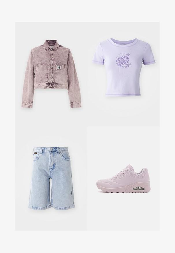 Lyse lilla denimjakke med acid-wash, lange ærmer, knapper foran, to forlommer og et lille Carhartt-logo på venstre lomme.; Lilla tætsiddende T-shirt med korte ærmer, rund halsudskæring og kontrastsyet. Har et "SANTA CRUZ" grafisk design foran.; Lyseblå denimshorts med høj talje, løs pasform og forlommer. Dekorativ syning og mærke logo broderet på siden.; Lyserød sneaker med en glat syntetisk overdel, perforerede detaljer, rund tå, snørebåndsdesign og en synlig luftdæmpningsenhed i sålen.
