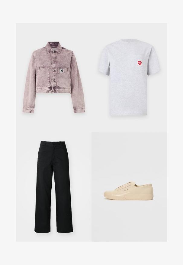 Lyse lilla denimjakke med acid-wash, lange ærmer, knapper foran, to forlommer og et lille Carhartt-logo på venstre lomme.; Lysegrå T-shirt i bomuld med rund hals og korte ærmer. Venstre brystlomme med en rød hjerteformet label.; Sorte vide bukser med flad front, knaplukning og bæltestropper. Fremstillet af holdbart stof med en glat tekstur.; Beige lavtoph sneakers med en blank finish, der har en tekstureret gummisål, rund tå og seks øje for snørebånd.