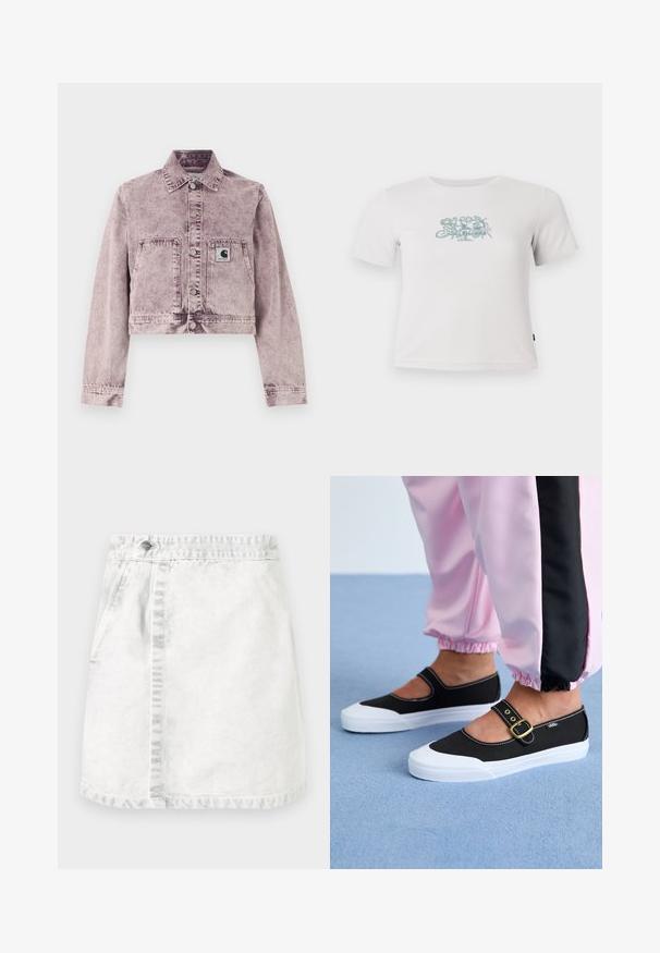 Hellviolette Denimjacke im Acid-Wash-Stil mit langen Ärmeln, Druckknöpfen vorne, zwei Fronttaschen und einem kleinen Carhartt-Logo-Patch auf der linken Tasche.; Kurzes, weißes, geripptes T-Shirt mit kurzen Ärmeln und einem kleinen grünen Blumenmotiv in der Mitte der Brust.; Denimrock in Hellgrau. A-Linie Design mit vorderen Taschen, einer sichtbaren Naht in der Mitte und einem einzelnen Metallknopf am Bund.; Schwarze Leinenschuhe mit einer weißen Sohle, die ein Ausschnittdesign und einen goldenen Schnallenriegel aufweisen. Getragen mit rosa Sporthosen.