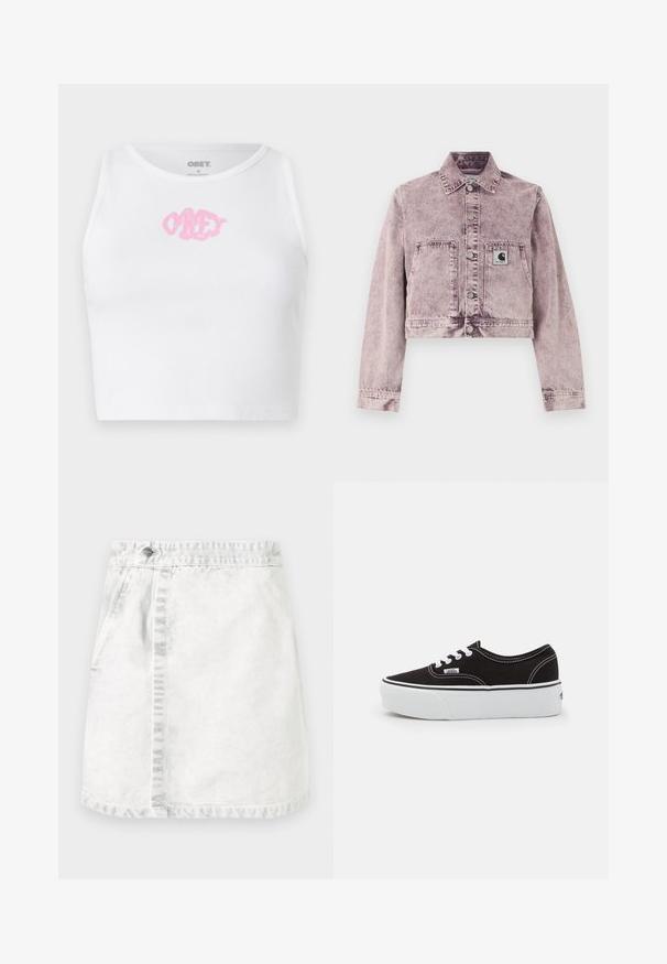 Hellviolette Denimjacke im Acid-Wash-Stil mit langen Ärmeln, Druckknöpfen vorne, zwei Fronttaschen und einem kleinen Carhartt-Logo-Patch auf der linken Tasche.; Weißes, geripptes Crop-Top mit einem rosa "OBEY"-Logo in der Mitte. Mit rundem Ausschnitt und ärmellosem Design.; Denimrock in Hellgrau. A-Linie Design mit vorderen Taschen, einer sichtbaren Naht in der Mitte und einem einzelnen Metallknopf am Bund.; Schwarze Leinensneaker mit einer weißen Gummiplattformsohle, weißen Schnürsenkeln und Nähten, ikonischer Markenaufdruck an der Seite, im Low-Top-Design.
