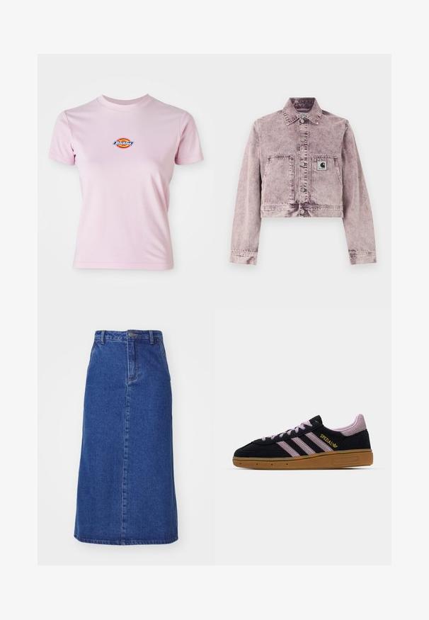 Hellviolette Denimjacke im Acid-Wash-Stil mit langen Ärmeln, Druckknöpfen vorne, zwei Fronttaschen und einem kleinen Carhartt-Logo-Patch auf der linken Tasche.; Rosa Baumwoll-T-Shirt mit kurzen Ärmeln, Rundhalsausschnitt und einem kleinen runden Logo in Rot, Gelb und Blau auf der Brust.; Dunkelblauem Denim-Rock mit tailliertem Bund, gerader Silhouette und vorderen Nähten, mit einem Saum, der unter dem Knie endet.; Schwarze und rosa Wildleder-Sneaker mit Gummisohle, drei rosa Streifen, goldenem "SPEZIAL"-Branding und strukturiertem Gummiuntergrund. Niedrigschnitt-Design.