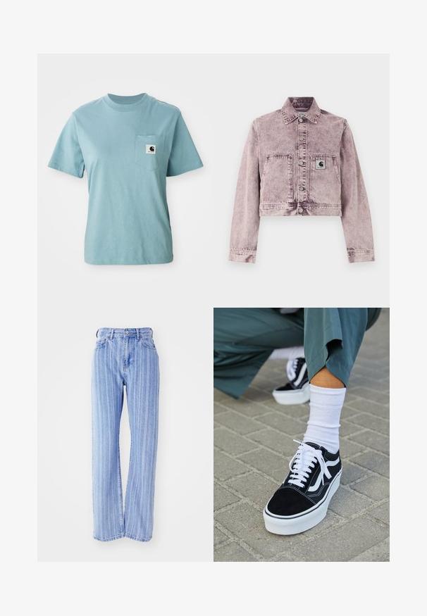Veste en jean délavée violet clair à manches longues, boutons-pression à l'avant, deux poches avant, et un petit patch logo Carhartt sur la poche gauche.; T-shirt en coton léger bleu clair à manches courtes avec poche poitrine affichant un petit patch logo Carhartt noir et blanc.; Jean en denim bleu clair avec des rayures blanches verticales, taille haute, coupe ample, cinq poches et fermeture à bouton.; Baskets en suède noir avec des accents et des lacets blancs, présentant une épaisse semelle blanche et des coutures contrastantes, associées à une chaussette blanche.