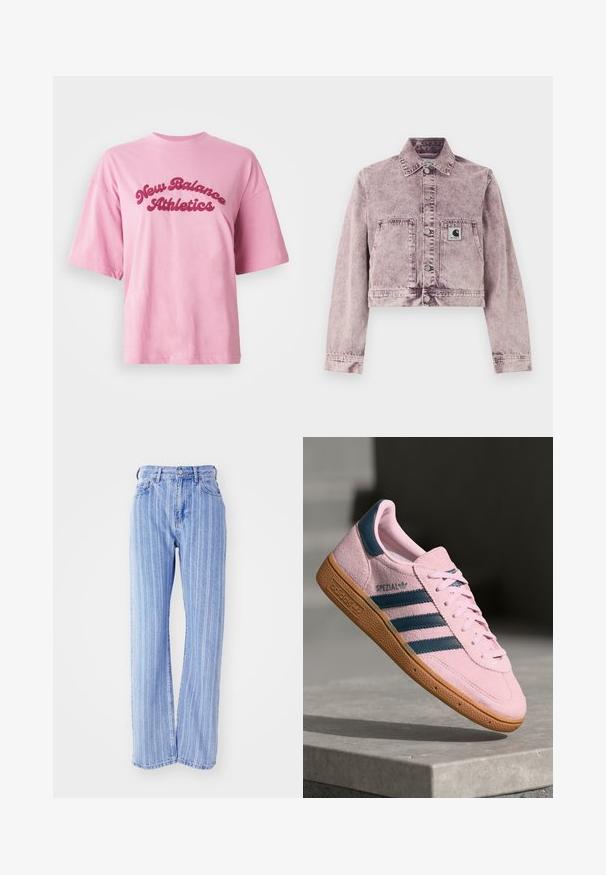 Φωτεινό μωβ denim τζάκετ με επίστρωση όξινης πλύσης, μακριά μανίκια, κουμπιά με πατούρα μπροστά, δύο μπροστινές τσέπες και ένα μικρό διακριτικό με το λογότυπο Carhartt στην αριστερή τσέπη.; Ροζ κοντομάνικο μπλουζάκι με λαιμόκοψη και κείμενο "New Balance Athletics" σε έντονη κόκκινη καλλιγραφία στο στήθος, πάνω σε λευκό φόντο.; Γαλάζια τζιν παντελόνια με κάθετες λευκές ρίγες, ψηλή μέση, χαλαρή εφαρμογή, πέντε τσέπες και κλείσιμο με κουμπί.; Αθλητικό παπούτσι από σουέντ ανοιχτό ροζ με τρεις μπλε ρίγες, λαστιχένια σόλα και κορδόνια ανοιχτό ροζ. Διαθέτει το λογότυπο "SPEZIAL" στο πλάι.