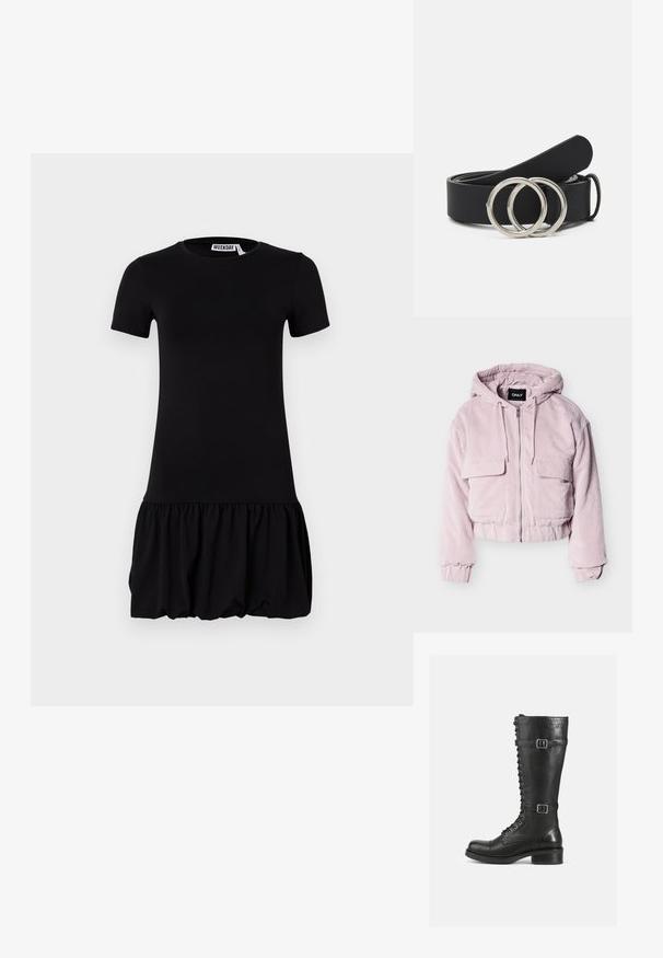 Veste courte en velours côtelé rose avec capuche, fermeture éclair frontale, deux poches poitrine, poignets et ourlet élastiqués. Tissu texturé avec lignes verticales.; Robe noire à manches courtes avec un corsage ajusté et une jupe évasée et plissée. Matériau doux avec une texture lisse et un col rond.; Bottes hautes en cuir noir avec un laçage sur le devant, des boucles sur le côté, une texture lisse, un bout arrondi et un talon bas solide.; Ceinture en cuir noir avec une texture lisse et deux boucles en métal argenté circulaires. Design simple et plat.
