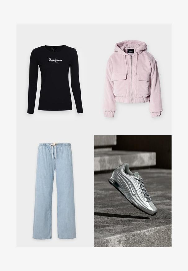 Afkortet lyserød ribfløjlsjakke med hætte, foran lynlås, to brystlommer og elastiske manchetter og kant.; Sort langærmet T-shirt lavet af bomuld, med rund halsudskæring og hvidt "Pepe Jeans LONDON" logo i midten.; Lyseblå og hvide lodrette stribede afslappede bukser med elastisk linning og hvid snor, vidt ben pasform.; Sølvfarvet Nike-sneakers med tekstureret sidelayout og grå snørebånd, svævende over betontrin i en afdæmpet udendørs omgivelser.