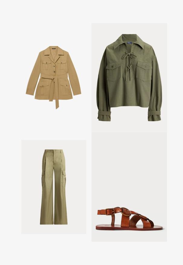 Veste beige ceinturée avec quatre poches à rabat boutonnées, manches longues, col et fermeture à boutons à l'avant.; Chemise à manches longues vert olive avec grand col, détail lacé à l'avant, deux poches poitrine boutonnées et brides aux poignets.; Pantalon cargo kaki à jambes larges, taille haute, fermeture par bouton et zip, avec poches à rabat de chaque côté.; Sandale en cuir marron avec un design de bride horizontale et circulaire, semelle plate et accent de boucle métallique, présentant une texture lisse.