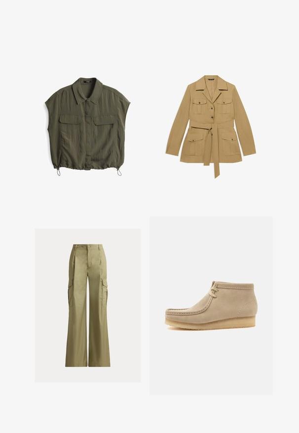 Veste beige ceinturée avec quatre poches à rabat boutonnées, manches longues, col et fermeture à boutons à l'avant.; Chemise à manches courtes vert olive avec col, deux poches avant et ourlet réglable à cordon. Fabriquée en tissu léger et froissé.; Pantalon cargo kaki à jambes larges, taille haute, fermeture par bouton et zip, avec poches à rabat de chaque côté.; Bottine beige en daim avec semelle en crêpe et coutures style mocassin, dotée de deux œillets et d'un talon plat.