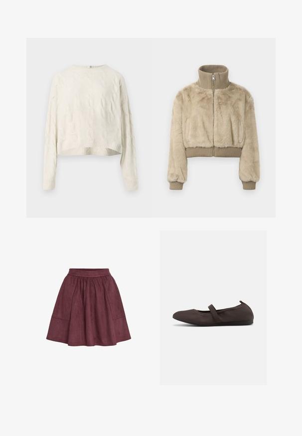 Beige faux karusnahast lühike jakk, millel on ribaga kõrge krae ja mansetid ning keskmine tõmblukk mugavaks selga panemiseks.; Kreemikaabli koonusega sviiter, millel on lühendatud äär ja soonikkoes mansetid. Kangas on kaunistatud tekstuurilise mustriga.; Burgundia suède seelik, millel on laienev kuju, elastne vöökoht ja kaks küljetaskut, iseloomustades pehmet tekstuuri ja minimalistlikku disaini.; Pruun baleriinaking elastse paelaga ja ümarate varvastega, valgel taustal, külgvaates.