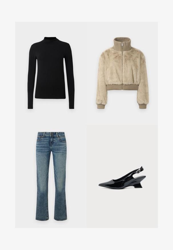 Veste courte en fausse fourrure beige, dotée d'un col montant cannelé et de poignets, ainsi que d'une fermeture éclair centrale pour un enfilage facile.; Chemise à col roulé noir à manches longues en tissu lisse ; design ajusté avec un col haut et sans coutures visibles. Couleur unie et simple.; Jean en denim bleu avec une taille mi-haute, fermeture par boutons, poches avant et jambes légèrement évasées avec des détails délavés.; Chaussure slingback en cuir verni noir avec bout pointu et petit talon bloc incliné sur fond clair uni.