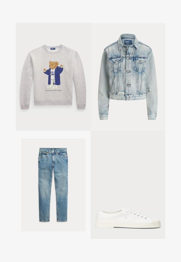 Lichtblauwe spijkerjack met een getailleerd ontwerp, lange mouwen, knoopsluiting aan de voorkant, twee borstzakken en een versleten onderzoom.; Lichtgrijze sweatshirt met een afbeelding van een beer in een blauw jasje en een witte outfit. Geribbelde boorden en zoom. "Polo Bear by Ralph Lauren" tekst eronder.; Lichtblauwe slim-fit jeans met vijf zakken en knoopsluiting, plat gelegd op een witte achtergrond.; Witte canvas sneaker met een ronde neus, vetersluiting en subtiele logo-detail. Voorzien van een gemêleerde stof en rubberen zool.