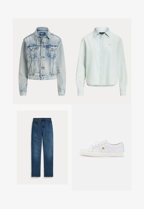 Hellblaues Jeansjacke mit tailliertem Design, langen Ärmeln, Knopfverschluss, zwei Brusttaschen und ausgefranstem unteren Saum.; Hellblaues Hemd mit langen Ärmeln und Knopfleiste, gefertigt aus weichem Stoff; verfügt über einen klassischen Kragen und ein kleines Logo auf der Brust.; Straight-leg blaue Denim-Jeans mit fünf Taschen, Knopfverschluss und subtilen Verwaschungen an Oberschenkeln und Knien, flach auf weißem Hintergrund gelegt.; Lauren Ralph Lauren JANSON II ACTION LEATHER SNEAKER - Sneaker low - real white