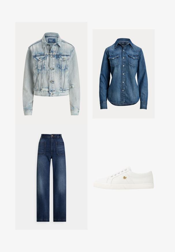 Veste en denim bleu clair avec une coupe ajustée, manches longues, fermeture à boutons, deux poches poitrine et ourlet inférieur éraflé.; Chemise en denim bleu à manches longues avec boutons-pression nacrés, deux poches poitrine à rabat et un col pointu, signée Polo Ralph Lauren.; Jeans en denim bleu foncé à taille haute, jambes droites, avec poches plaquées à l'avant, passants pour ceinture et fermeture par boutons.; Lauren Ralph Lauren JANSON II CANVAS SNEAKER - Baskets basses - optic white