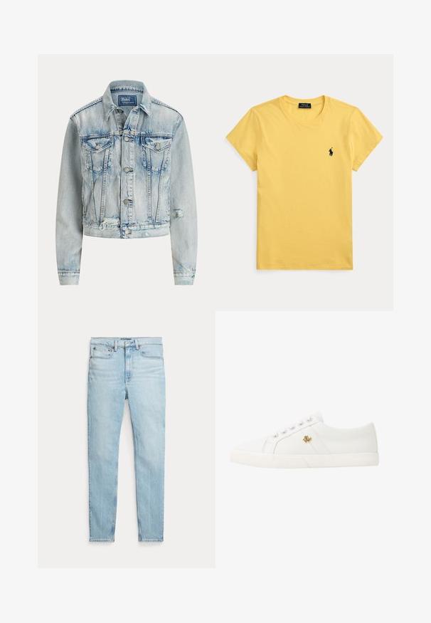 Hellblaues Jeansjacke mit tailliertem Design, langen Ärmeln, Knopfverschluss, zwei Brusttaschen und ausgefranstem unteren Saum.; Gelbes T-Shirt mit kurzen Ärmeln, Rundhalsausschnitt und kleinem dunkelblauem Polo Ralph Lauren Logo auf der linken Brust.; Hellblaue, hoch taillierte Skinny-Jeans mit fünf Taschen und Knopfleiste auf einfachem weißem Hintergrund.; Lauren Ralph Lauren JANSON II CANVAS SNEAKER - Sneaker low - optic white