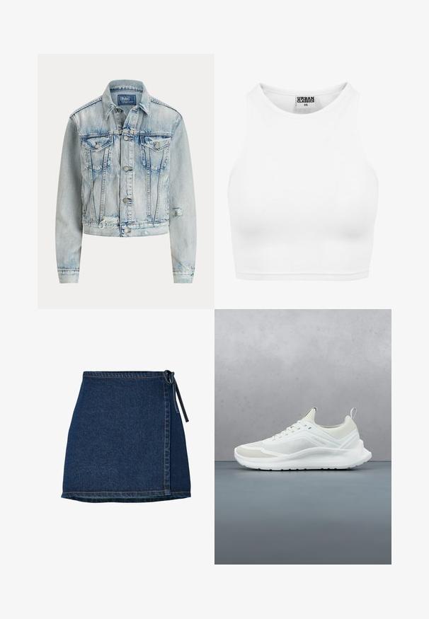 Hellblaues Jeansjacke mit tailliertem Design, langen Ärmeln, Knopfverschluss, zwei Brusttaschen und ausgefranstem unteren Saum.; Weißes geripptes Crop-Top mit hohem Kragen und dem Etikett "Urban Classics XS" innen am Kragen.; Jeansrock mit Wickeldesign, dunkelblauer Farbe und gebundenem Taillenbund. Verfügt über Stichdetails entlang dem Saum und der Seitennaht.; Weißer Calvin Klein Sneaker mit Mesh- und glatten Texturen, der über einem Holzfliesenboden im Freien in der Nähe von Grünpflanzen und einer Betonwand schwebt.