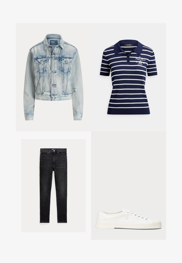 Lyseblå denimjakke med en tætsiddende design, lange ærmer, knaplukning foran, to brystlommer og en slidt bundkant.; Marineblå polo med hvide striber, korte ærmer, ribbet krave og tre-knaps lukning; med broderet logo på brystet.; Slim-fit sorte jeans med fem lommer, knaplukning og Polo mærke på linningen, lagt fladt på en hvid baggrund.; Hvide lærredssneakers med rund tå, snørelukning og diskret logo-detalje. Har en tekstureret overflade og gummisål.