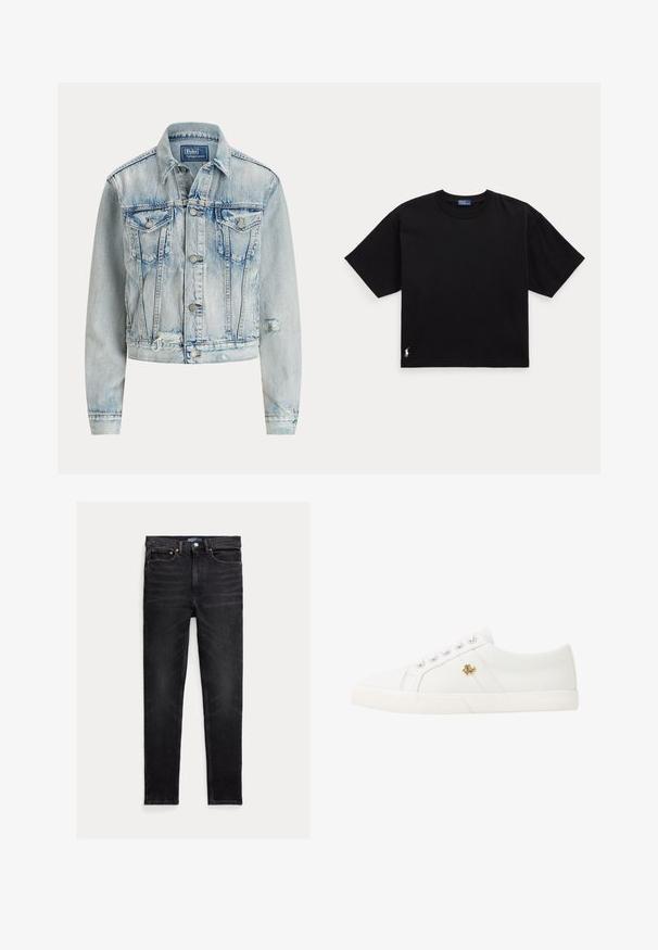 Lyseblå denimjakke med en tætsiddende design, lange ærmer, knaplukning foran, to brystlommer og en slidt bundkant.; Sort T-shirt med korte ærmer, rund hals og afslappet pasform med lille hvidt broderet logo nær nederste kant på ensfarvet baggrund.; Slim-fit sorte jeans med fem lommer, knaplukning og Polo mærke på linningen, lagt fladt på en hvid baggrund.; Lauren Ralph Lauren JANSON II CANVAS SNEAKER - Sneakers - optic white