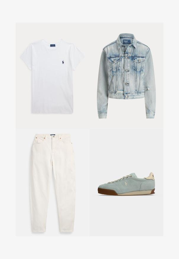 Hellblaues Jeansjacke mit tailliertem Design, langen Ärmeln, Knopfverschluss, zwei Brusttaschen und ausgefranstem unteren Saum.; Weißes T-Shirt mit kurzen Ärmeln und Rundhalsausschnitt mit kleinem dunkelblauem Polo Ralph Lauren Logo auf der linken Brust.; Weiße Jeans mit hoher Taille und geradem Bein, mit vorderem Knopf und Reißverschluss, Fünf-Taschen-Design und Polo-Markenlabel am Bund.; Hellblauer Veloursleder-Sneaker mit beiger und brauner Sohle, beigen Schnürsenkeln und einem kleinen gestickten Logo an der Seite.