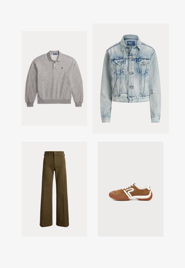 Lyseblå denimjakke med en tætsiddende design, lange ærmer, knaplukning foran, to brystlommer og en slidt bundkant.; Lysegrå langærmet poloshirt med ribmanchetter, to-knaps stolpe og lille marineblåt broderet logo på venstre bryst.; Bukser med vide ben i olivengrøn med bæltestropper, knap foran og lynlås, vist mod en ensfarvet baggrund.; Brun ruskind sneaker med hvide accent og tyk brun sål, med hvid "Polo" logo på siden og hælflap, vist på en lys baggrund.
