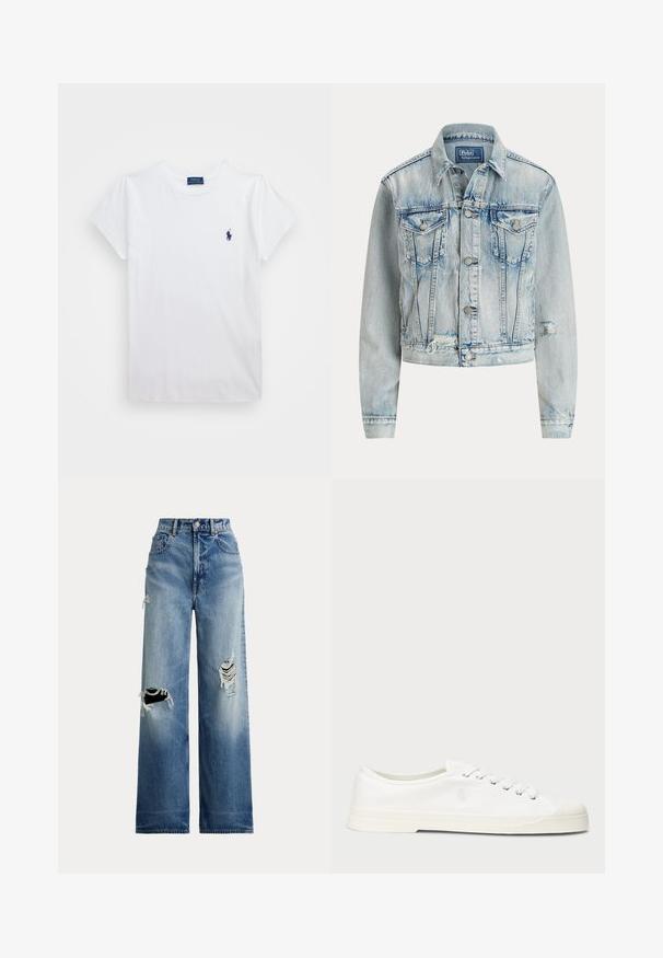 Hellblaues Jeansjacke mit tailliertem Design, langen Ärmeln, Knopfverschluss, zwei Brusttaschen und ausgefranstem unteren Saum.; Weißes Baumwoll-T-Shirt mit kurzen Ärmeln, das ein kleines marineblaues Logo auf der linken Brust zeigt. Schlichtes Design mit Rundhalsausschnitt.; Weitbeinige blaue Jeans aus Denim mit aufgerissenen Knien, hoher Taille, Knopfverschluss und klassischem Fünf-Taschen-Design.; Weiße Leinensneaker mit runder Zehenpartie, Schnürverschluss und dezentem Logodetail. Verfügt über ein strukturiertes Gewebe und eine Gummisohle.