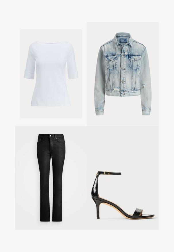 Lyseblå denimjakke med en tætsiddende design, lange ærmer, knaplukning foran, to brystlommer og en slidt bundkant.; Hvid tætsiddende kortærmet skjorte med bådudskæring og opsmøgede manchetter på en ensfarvet baggrund.; Sorte denim jeans med lige ben-design, der har en klassisk fem-lomme stil og en frontknaplukning. Glat tekstur.; Sort patentlæder højhælede sandaler med ankelrem, spids tå og tekstureret krokodillemønster. Guldfinish på spændet.