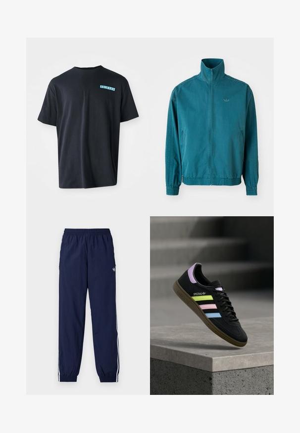 Türkisfarbene, leichte Jacke mit hohem Kragen, Reißverschluss vorne, zwei seitlichen Taschen, elastischen Bündchen und drei vertikalen Streifen an den Ärmeln.; Schwarzes Baumwoll-T-Shirt mit kurzen Ärmeln, Rundhalsausschnitt und einem türkisfarbenen grafischen Logo auf der linken Brust. Glatte Textur, lässige Passform.; Marineblaue Trainingshose aus leichtem Stoff, mit weißen Streifen an den Seiten, einem elastischen Bund und einem kleinen Logo.; Schwarzer Adidas Spezial Sneaker mit pastellgelben, pinken und blauen Streifen, lavendelfarbenem Fersenlaschen und brauner Sohle, schwebend über einer Betonkante.