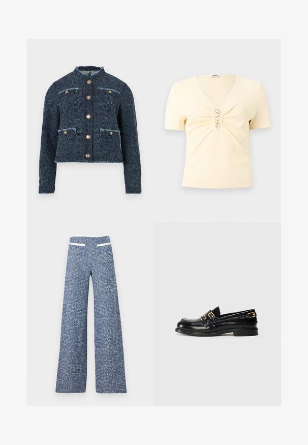 Veste en tweed bleu marine avec col, boutons dorés, deux poches avant et bords effilochés, présentant un design court et un tissu texturé.; Haut crème en maille côtelée à manches courtes avec col en V et fermetures à crochets dorés sur un détail froncé à l'avant.; Pantalon large en tweed bleu avec détail de bordure blanche sur la taille et les poches, tissu texturé, et taille haute.; Mocassins en cuir noir avec une finition brillante, dotés de deux boucles dorées et d'un talon bas. Texture lisse avec un design à bout arrondi.