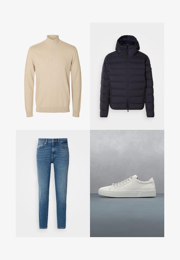 Opvouwbare jas, marineblauw, gewatteerd met horizontale secties, ritsluiting aan de voorkant, verstelbare capuchon, elastische manchetten en zijzakken. Gladde textuur.; Beige trui met lange mouwen, een hoge kraag en een korte rits middenvoor.; Lichtblauwe denim jeans met een rechte pasvorm, traditionele vijf-pocket stijl, metalen knoopsluiting en subtiele vervaging aan de voorkant.; Witte leren sneaker met een ronde neus, minimalistisch ontwerp, grijze veters en een gestructureerde grijze rubberen zool. Fijne stikdetails zichtbaar.