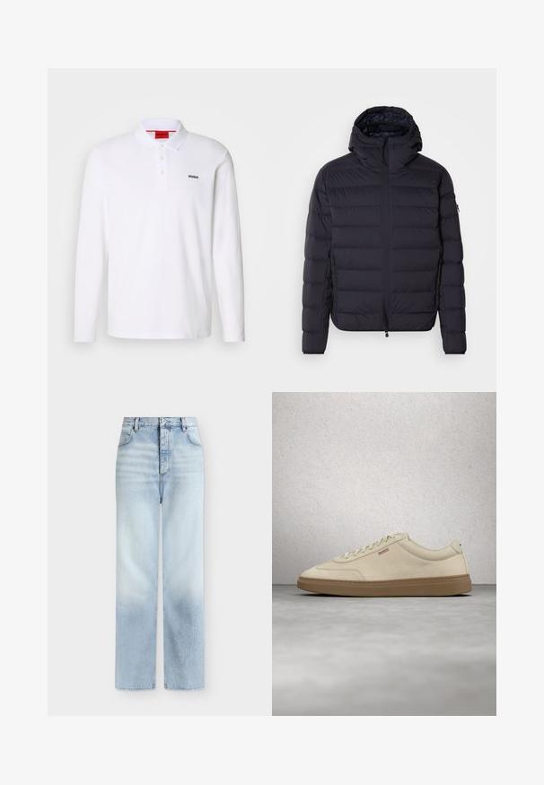 Chaqueta de plumas, azul marino, acolchada con secciones horizontales, frente con cremallera, capucha ajustable, puños elásticos y bolsillos laterales. Textura suave.; Camisa polo blanca de manga larga hecha de algodón con cuello, tapeta de tres botones y el logo negro "HUGO" en el lado izquierdo del pecho.; Vaqueros azul claro de talle alto y pierna recta con bolsillos delanteros, trabillas para cinturón y cierre de botón.; Zapatilla de ante beige claro con suela de goma color caramelo, cordones prominentes y detalles de costura sutiles. Diseño limpio con una estética minimalista.