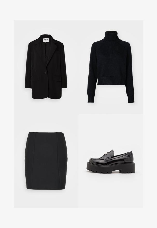 Blazer negro hecho de una tela suave, con solapas de muesca, cierre de un botón, dos bolsillos frontales y un corte ajustado.; Suéter de cuello alto de punto oscuro con un diseño recortado, que presenta puños y dobladillo acanalados, y una textura tejida en todo su cuerpo.; Noisy May NMKARLIE A-SHAPE TWILL - Minifalda - black; Madden Girl CALISTA - Zapatos sin cordones - black